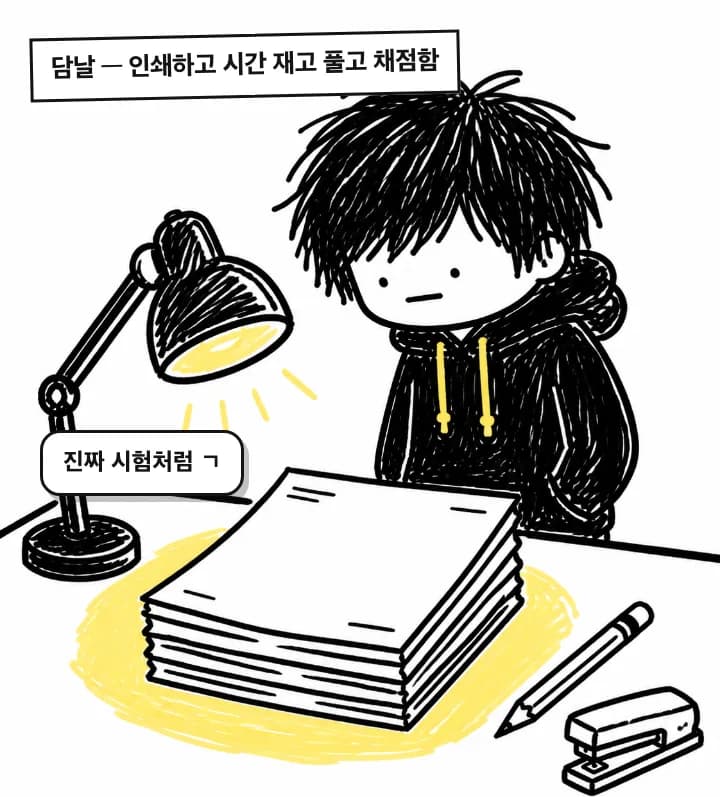 담날: 인쇄하고 시간 재고 풀고 채점