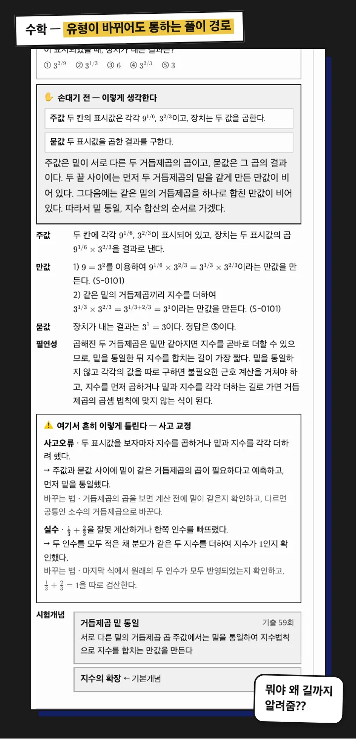 어나더는 같은 문항을 이렇게 적는다. 수학 해설 실물, 유형이 바뀌어도 통하는 풀이 경로