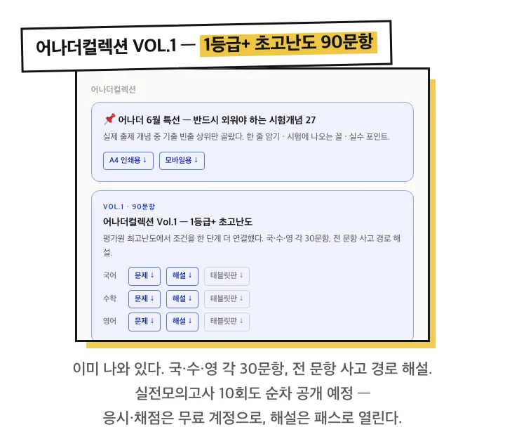 어나더컬렉션 VOL.1: 1등급+ 초고난도 90문항. 실전모의고사 10회 순차 공개 예정